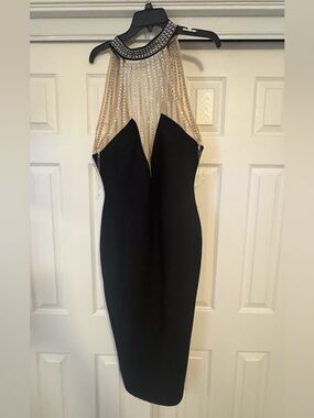 Fashion Nova Black Midi Dress with Nude Illusion and Rhinestone Collar